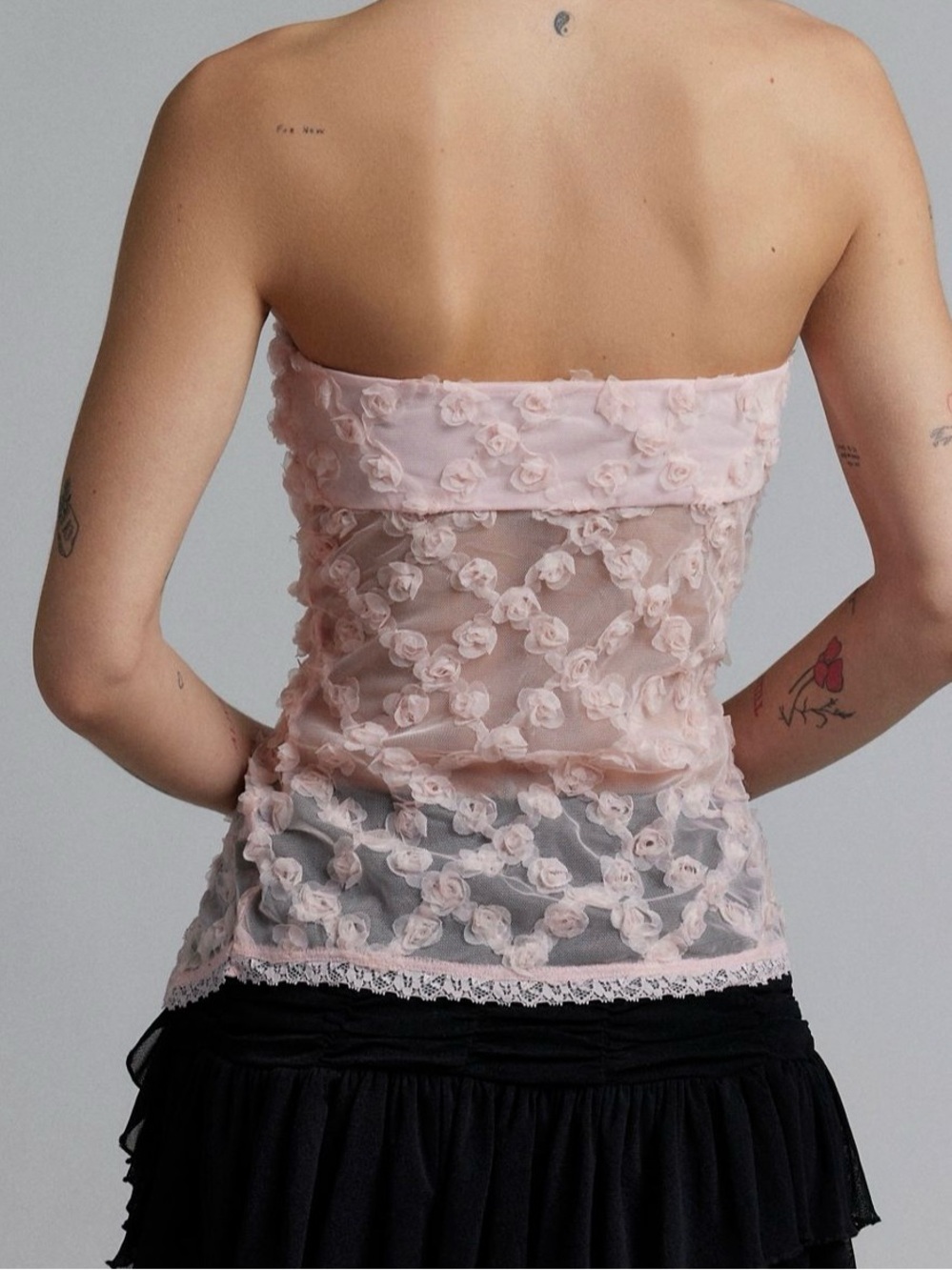 Urban Outfitters - Kimchi Blue | Light Baby Pink Strapless Mesh Floral Tube Top - Picture 2 of 7